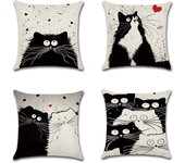 Juego de 4 fundas de cojín decorativas de algodón y lino, 45x45 cm, diseño de gato