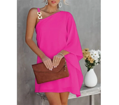 Summer Commuter Women's S-2XL size Dress One Line Diagonal Neck Off Shoulder Solid Color and PrintedMetal Strap Bat Sleeve