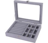 Caja para anillos de joyería para mujeres y niñas, estuche de almacenamiento para exhibición de joyas con tapa de vidrio para anillos, aretes, collares, pulseras, relojes (gris)