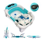 BATHBY Bañera Plegable Portátil para Bebés Recién Nacidos, con Cojín de Dinosaurio Antideslizante, Termómetro Integrado y Patas Antideslizantes, Compacta y Segura (Azul dinosaurio)