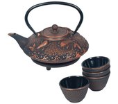 SIGNES GRIMALT Juego de Té Hierro Colado + 4 Tazas | Diseño Japonés Negro y Cobre