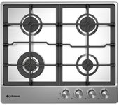 Encimera de gas inox marca Jonhson con 4 zonas de cocción (triple llama, 2 semi-rápidas, auxiliar), parrillas de hierro fundido, autoencendido, válvulas de seguridad, control mecánico, mandos plata, para gas butano con kit de gas natural incluido