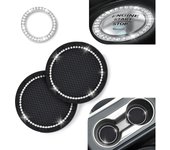 Posavásos de Taza de coche (paquete de 2) | Botella de inicio pulsador Bling (paquete de 1) | Accesorios de Coche de Diamantes de imitación de Cristal único para la mayoría de los autos