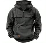 New Men's Half Zipper Fleece Hoodies Winter Outdoor Work Warm Sweatshirts Multi-Pocket Hooded Jackets Loose Solid Color Pullover