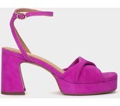 Pedro Miralles Sandalias de tacón de ante en color buganvilla modelo TAVIRA en tonos Rosas. Hecho a mano en España.