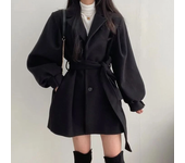 EVNISI Women Buttons Lace-up Trench Coat With Pockets Woolen Turn-down Collar Long Sleeve Women Coat Overcoat  Autumn Winter