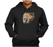 MERCHANDMANIA SUDADERA NEGRA CON CAPUCHA leon majestuoso salvaje selva savana feroz fiera adulto poliester algodón sweatshirt