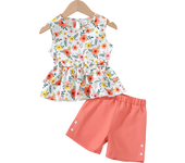 2PCS Children Girls Little Fresh Clothing Set Floral Sleeveless Top + Shorts Sweet Lovely Fashion Costume for Kid Girl 4-7 Years