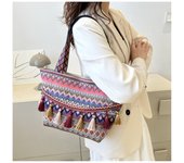 Large Capacity Ethnic Shoulder Bag Women Handbag Vintage Boho Handmade Woven Tassel Bucket Tote Bag Travel Beach Bag