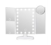 Espejo de Maquillaje, [Regalos Navidad] Espejo de Mesa Tríptico con Aumentos 10X, 3X, 2X y 1X, Espejo Cosmético Pantalla Táctil en Iluminacíon 21 Led, Carga con USB o Batería, Adjustable 180º