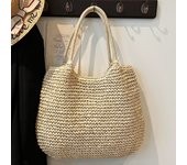 Women Straw Tote Handbag Large Capacity Vintage Shoulder Bag Solid Color Crochet Beach Handbag Ladies Summer Daily Bag
