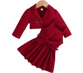 MiniFox 2 Pieces Suit Sets For Baby Girls Lapel Blazer Coat and Belted Wine Dress Kids Party Baby Clothes Girls Outfits Sets