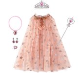 Girl Princess Costume Kids Party Accessories Cloak Crown Wand Necklace Earrings Rings Set Elsa Anna Rapunzel Aurora Tulle Cape