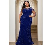 Curve Evening Party Long Dress Lace Patchwork Sequined Velvet Full Sleeved Hollow Out Maxi Prom Gown for Women