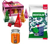 Pack bienestar: MENTOLIN EUCALIPTUS S/A BOLSA 1KG + Vela Perfumada de Frutas Exóticas 510g  + WELL HOME - Caja de Té Joyfull con variedad de sabores