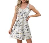 Vestidos Cortos Verano para Mujer Vestido Casual Cuello en V Estampada Retro Vestido sin Manga Informal Vestido de Playa Vacaciones(Multicolor,S-XXXL)