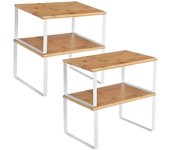 SONGMICS Organizadores de Cocina, Juego de 4 Estantes de Cocina, para Almacenamiento de Gabinete, Apilables, Expandibles, Metal y Madera de Ingeniería, Blanco y Natural