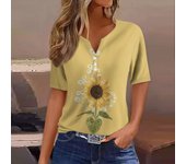 Fashion Women's Summer T-Shirts Sunflower Printed Loose Casual Short Sleeve TShirts Button V-Neck Basic Tops Ropa Para Mujer