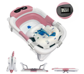 BATHBY Bañera Plegable Portátil para Bebés Recién Nacidos, con Cojín de Dinosaurio Antideslizante, Termómetro Integrado y Patas Antideslizantes, Compacta y Segura (Rosa dinosaurio)