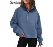 Women's Zipper Half Cardigan Splicing Kangaroo Pouch Thickened Sweatshirt Female Autumn Winter Stand-up Collar Hoodie Outerwear