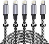 Cable cargador para iPhone, certificado SANYEYE MFi [paquete de 5, 3/3/6/6/10 pies] Cable de carga rápida de nailon trenzado con conector de metal para iPhone 12/11/Pro