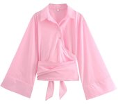 TRAF-Women's Long Sleeve Kimono Blouses With Bow Tie, Front Button, Female Shirts, Chic Tops, Fashion
