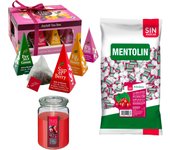 Lote respira: MENTOLIN ARANDANO S/A BOLSA 1KG + WELL HOME - Vela perfumada de frutos rojos + WELL HOME - Caja de Té Joyfull con variedad de sabores