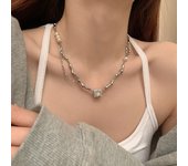 Peri'sBox Korean Baroque Pearl Black Zircon Necklace Women's Fashion Irregular Square Tassel Chain Pendant Necklace Jewelry