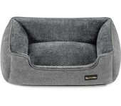 Feandrea Cama para Perros, Sofá de Lino para Mascotas, Bordes Elevados, Fondo Antideslizante, Funda Extraíble para Lavado, Tamaño M/L/XL, Marrón/Gris Claro