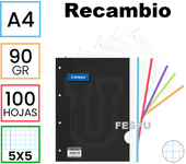 Recambios Archivador Campus 100 Hojas 90gr/m2 Bandas 5 Colores Cuadrícula 5x5 Mm Medidas 210x297mm Formato A4 Con 4 Taladros