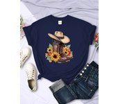 Cartoons Women T-Shirts Cowboy Riding Boots & Sunflowers Printed Tees O-Neck Comfortable Soft Short Sleeve Summer Female Clothes