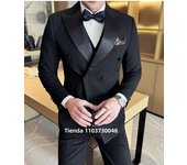 Black Men's 3 Pieces Suit Peak Lapel Double Breasted Jacket Vest Pants Wedding Groom Tuxedos Slim Fit Formal Business Suits