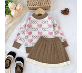 Fashionable New Children's Clothing Winter 3-7 Year Old Girls' Pink Clothes Love Printed Top+pleated Skirt Two-piece Sets