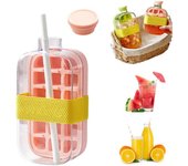 Cubitera 2 en 1, sin contacto, con tapa y recipiente, bandeja de silicona fácil de abrir y presionar para congelador, jugos y bebidas (rosa, 18 oz)