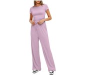 Spring/summer solid color casual suit with pleats, short sleeved top, high waisted wide leg pants, sportswear