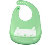 Babero de silicona suave para bebé. Babero de plástico de recuperación ajustable - Lindo gato. Babero de silicona para niños, bolsillo grande, ligero, impermeable (verde)
