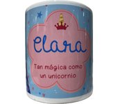 Solo Recuerdos SL Taza Mug con nombre personalizado Hecho en España diseño unicornio en caja cartón, apto para microondas y lavavajillas, personalizable en castellano, catalán-castellano, euskera-castellano y gallego-castellano.
