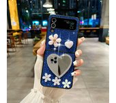 Luxuxy Diamond Heart Mirror Pearl Flower Glitter Phone Case Cover For Samsung Galaxy Z Flip 3 4 5 6 5G