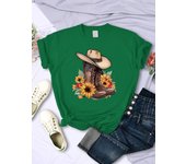 Cartoons Women T-Shirts Cowboy Riding Boots & Sunflowers Printed Tees O-Neck Comfortable Soft Short Sleeve Summer Female Clothes
