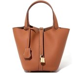 Bolso de mano tipo canasta de cuero genuino con diseño de candado, moderno y versátil, bolso de hombro
