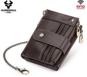 Cartera de cuero genuino con doble cremallera y antirrobo RFID para hombre, con ranuras para múltiples tarjetas, monedero de cuero Crazy Horse