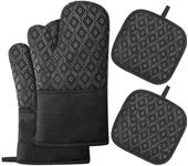 Guantes y agarraderas de silicona antideslizantes y resistentes al calor para horno, 2 guantes y 2 agarraderas (negro/diamante)