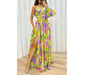 Women's Autumn Long Sleeved Waist Tied Casual Print Slit Dress with Slanted Collar and Off Shoulder Holiday Party Fashion Dress