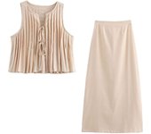 TELLHONEY Women Fashion O-Neck Lace Up Pleats Tops Back Zipper High Waist A Line Midi Skirts Female Casual Solid Two Piece Set