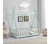 Cama infantil Helsingborg con reja de seguridad y colchón - Diseño Tipi - pino 140x70 cm - Verde menta [en.casa]