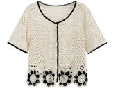 Sunflower Embroidery Crochet Top Short Sleeve Button Front Semi Sheer Open-knit Blouse Summer Women Teengirl Fairycore  Outfit