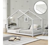 Cama para niños Vardø con somier y colchón - Forma de casa - pino 200 x 90 cm - Blanco mate [en.casa]