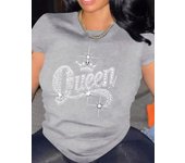 Rhinestone Queen Print T-Shirt Casual Short Sleeve Women's