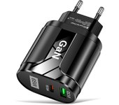 GaN-cargador de teléfono de 65W, adaptador USB + tipo C de carga rápida 5V/6,6a 9V/3A 12V/2,75a 20V/1,67a, enchufe europeo PD33W + QC33W  65W