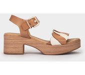 Pedro Miralles Sandalias de tacón de piel bicolor modelo DAROCA en tonos Marrones. Hecho a mano en España.